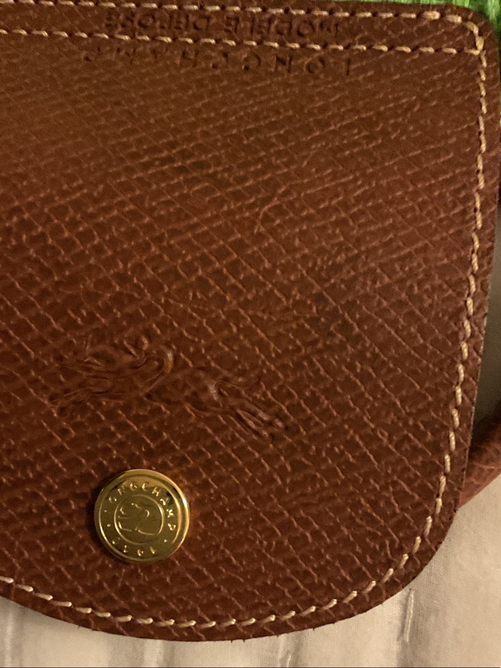 Longchamp Brown Pebbled Leather Crossbody with Gold Button Accent
